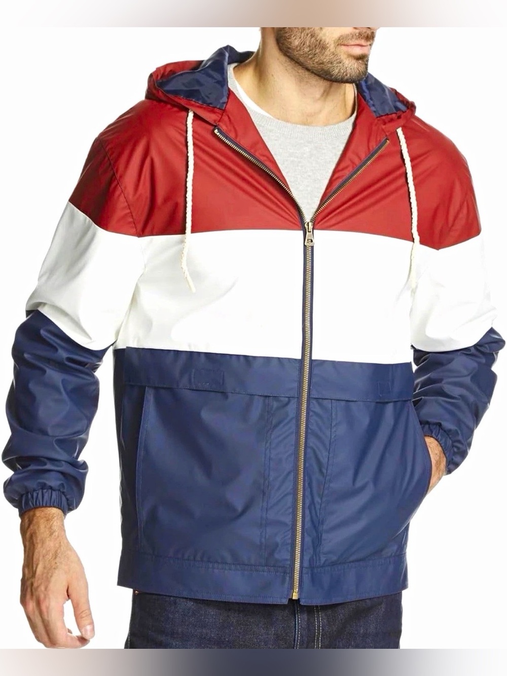 Vintage Weatherproof Men's Red White and Navy Colorblock Hooded Windbreaker